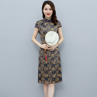 夏季新款真丝旗袍民族风时尚印花桑蚕丝修身妈妈装旗开得胜连衣裙