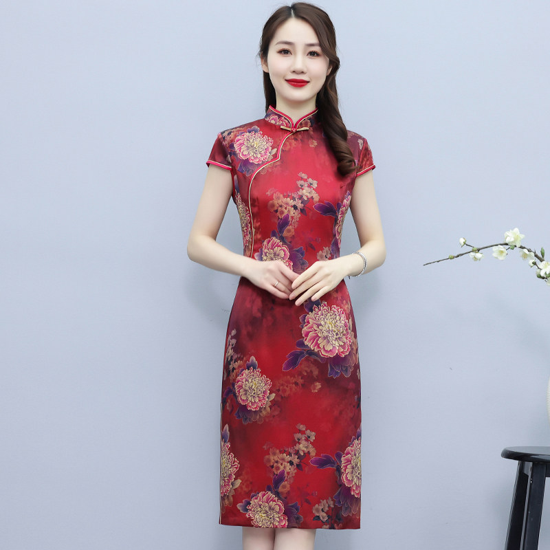 杭州原创新款真丝旗袍连衣裙女2023春夏复古风国潮高端桑蚕丝旗袍