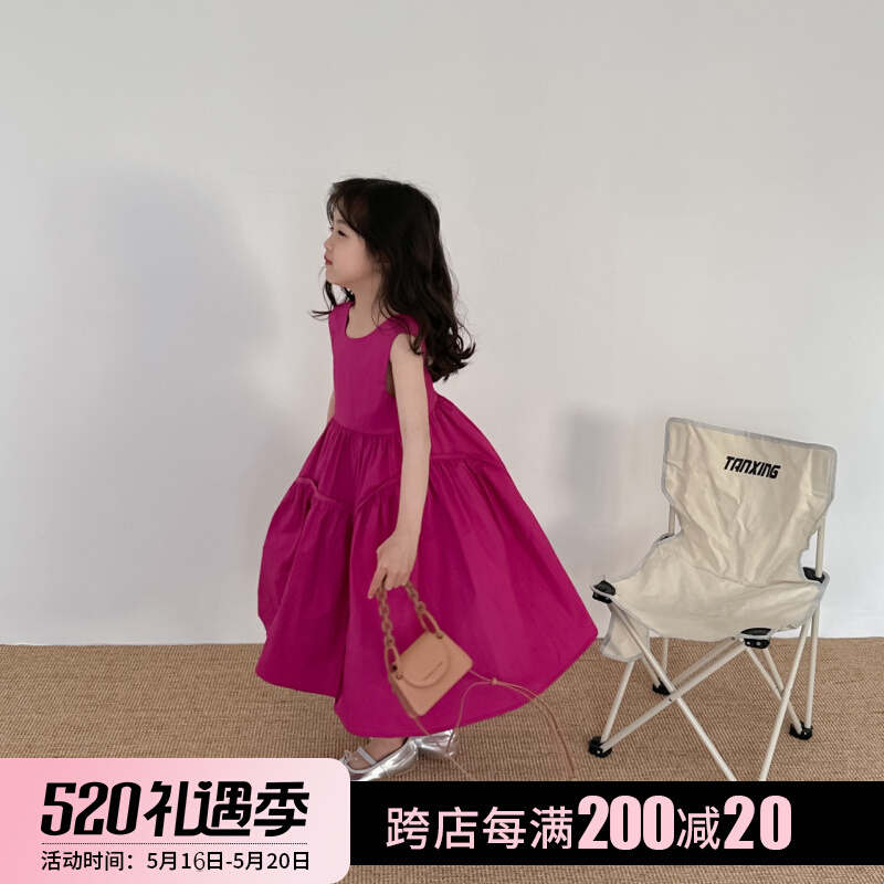 女童韩版火龙果色连衣裙时尚洋气背心裙儿童大裙摆无袖设计感裙子