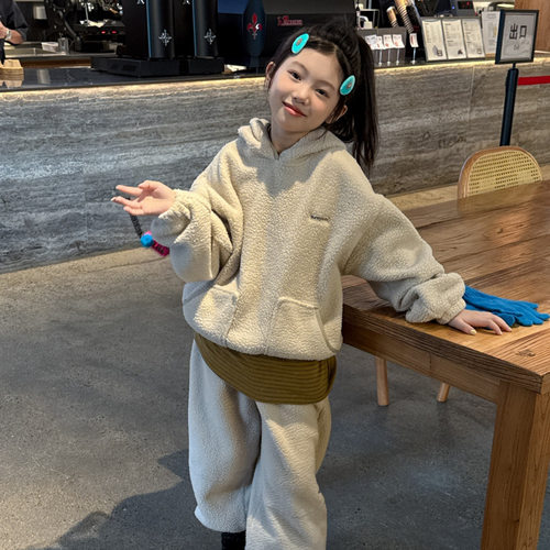 儿童摇粒绒加厚连帽套头卫衣卫裤