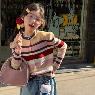 韩版女童条纹毛衣2026春款中大童时尚撞色软糯显瘦百搭针织开衫潮