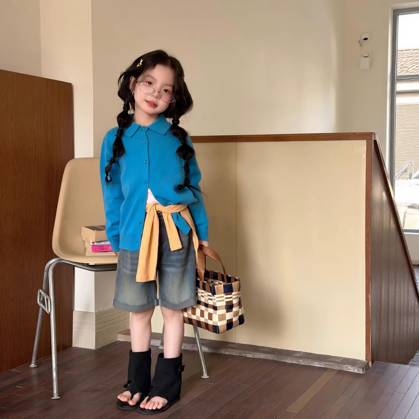 2026春季新款韩国童装女童糖果色毛线衣翻领针织开衫时髦牛仔中裤