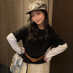 时尚 T恤黑色个性 上衣 ins风女童ket烫钻假两件星星印花长袖 26春款