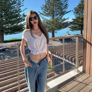 仿亚麻感 微透视短袖 2色 深V tee 随性松弛 NINASTUDIO