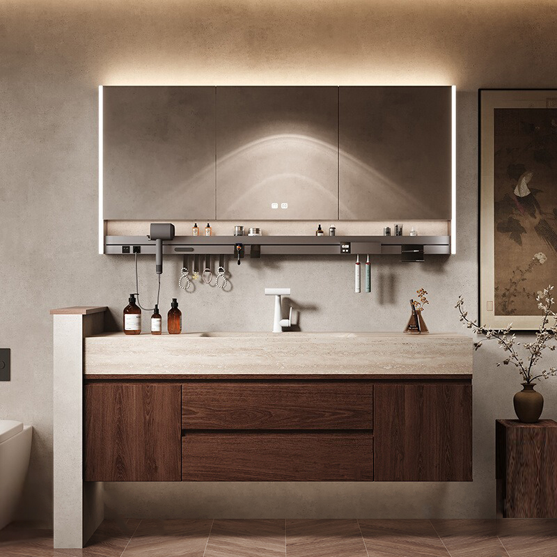 环保天使洞石岩板热弯一体盆中古风浴室柜组合洗漱台洗脸洗手盆柜