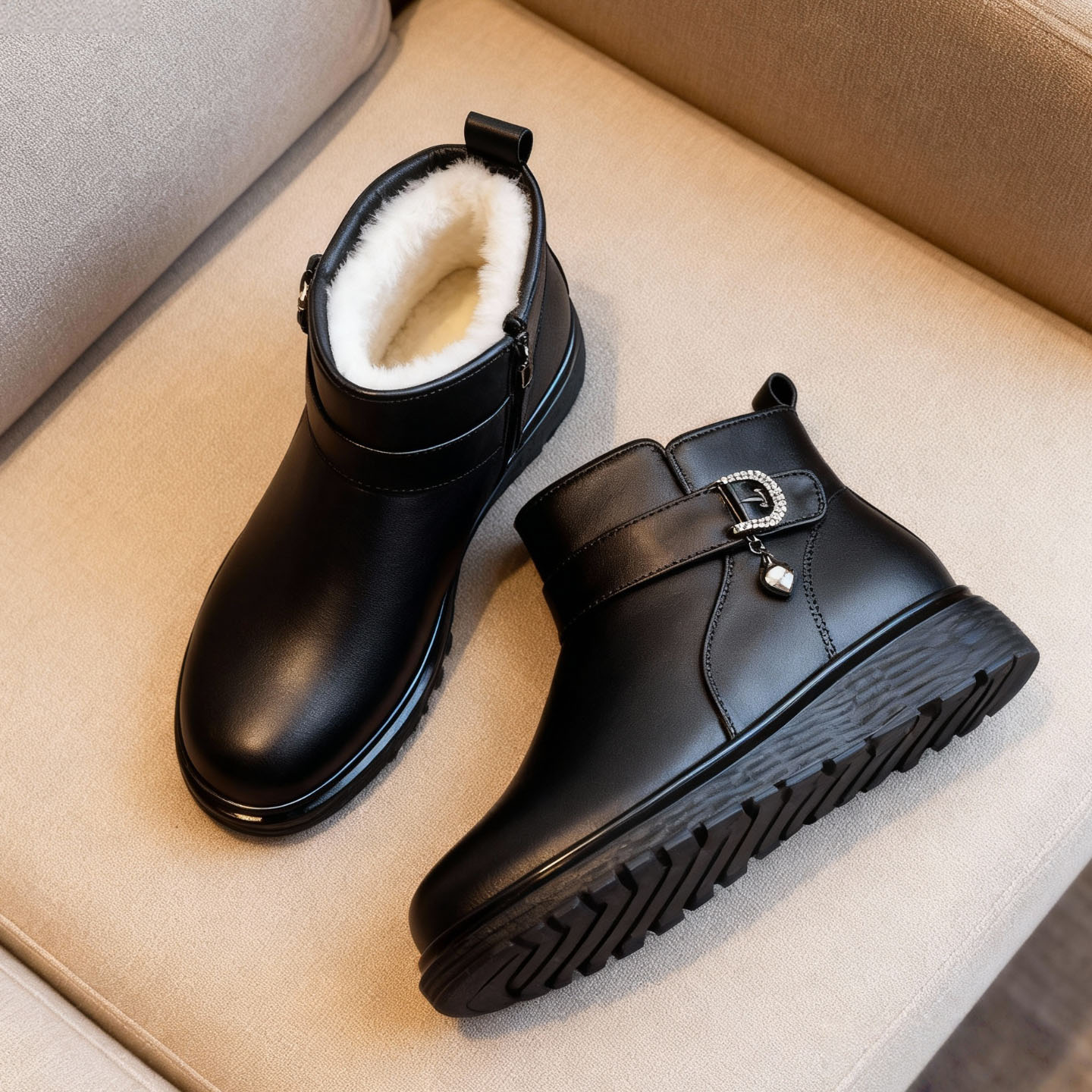 中老年人加绒冬季款真皮短靴