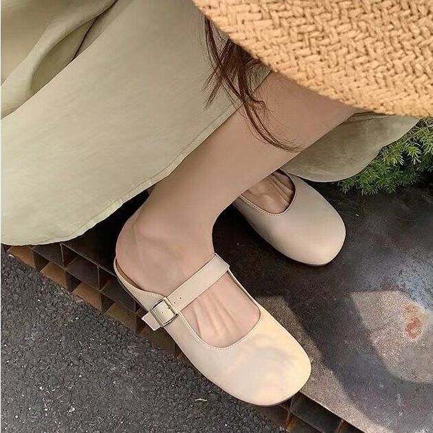 大叔家达文西鞋子平底玛丽珍女鞋2023新百搭通勤包头半拖穆勒鞋女