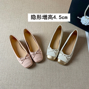 小个子内增高蝴蝶结芭蕾舞单鞋女2026年新款配裙子平底浅口小皮鞋