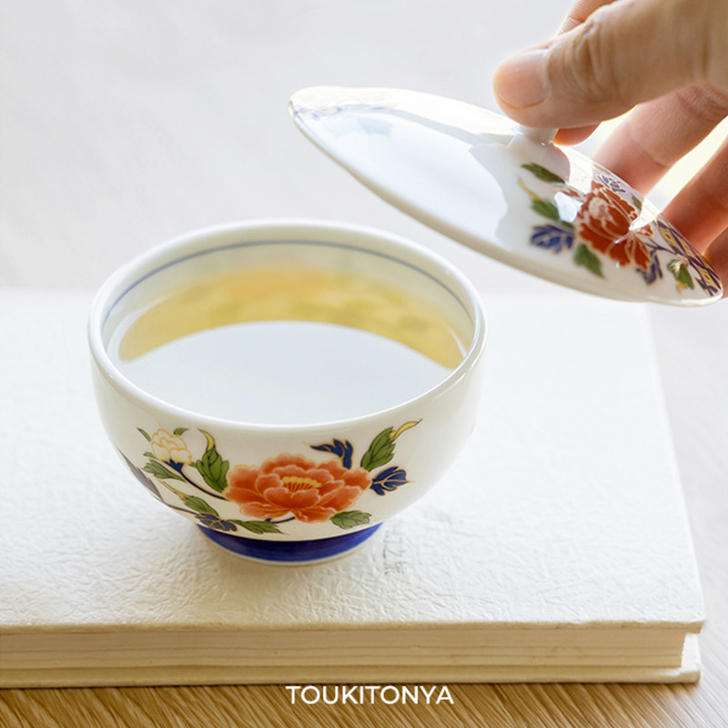 现货日本进口有田烧陶瓷釉下彩牡丹花束小盖碗汲出茶杯水杯家用