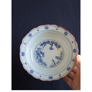 现货日本进口有田烧洸淋窑手绘青花松竹梅桔梗浅钵深盘菜盘盘子