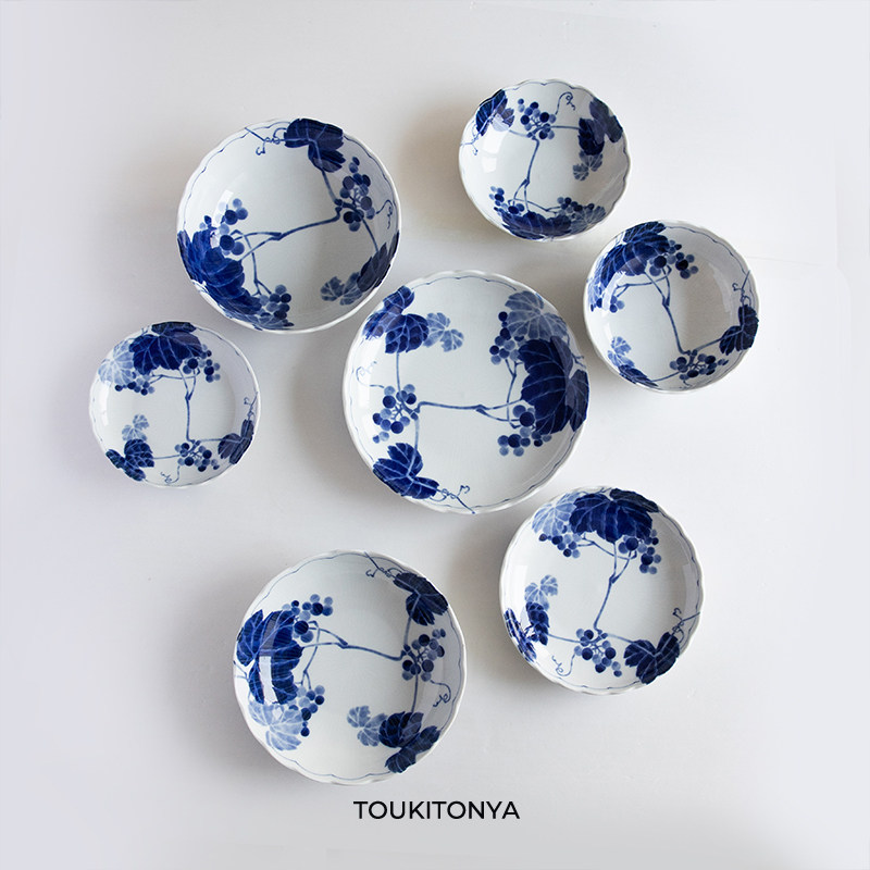 现货日本进口美浓烧釉下彩蓝染葡萄平盘深盘汤碗面碗日式家用餐具,餐饮具,盘,淘宝优惠券,粉丝福利购,淘宝优惠卷