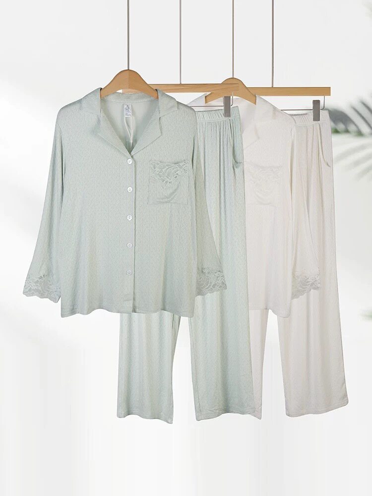 花花家2026春夏款柔软舒适西装领开衫睡衣女肌理感提花家居服套装