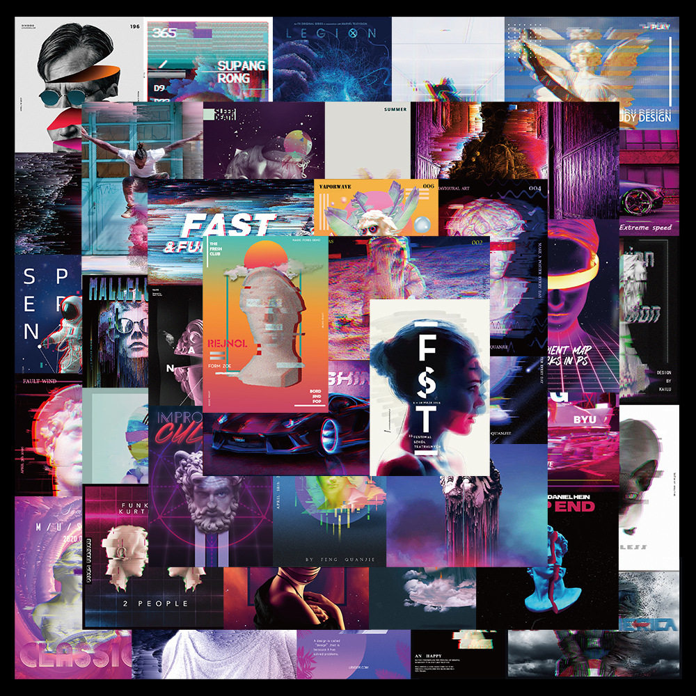 40张酸性蒸汽波故障风贴纸行李箱电脑手机壳ipad装饰贴画涂鸦防水