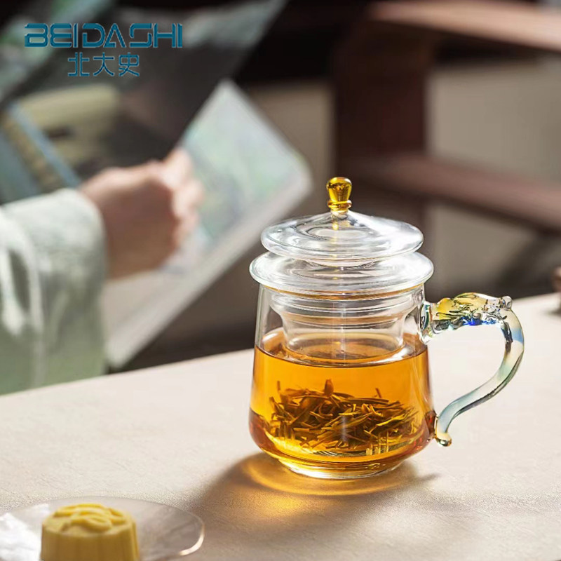 北大史新款玻璃泡茶杯加厚耐高温水杯茶水分离杯高档龙把带盖茶杯