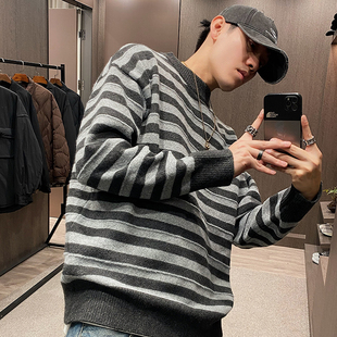 休闲凹凸撞色条纹复古圆领毛衣男秋冬潮牌宽松针织衫 MXD UGLY美式