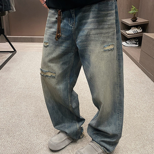男后脚跟做破直筒裤 MXD 牛仔裤 复古cleanfit猫须破洞阔版 UGLY美式