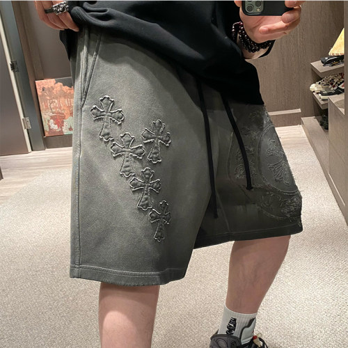 美式潮牌刺绣烧花logo水洗灰短裤