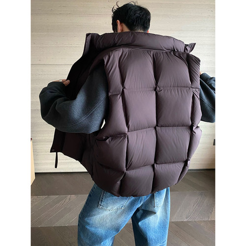 冬季潮牌泡芙格子拼接羽绒马甲男