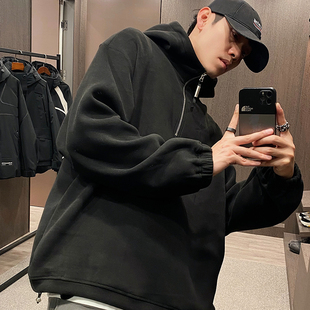 加绒加厚半拉链运动上衣 绒感面料连帽卫衣男冬季 MXD UGLY潮牌阔版