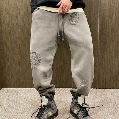 烧花磨破松紧腰束脚加绒休闲卫裤