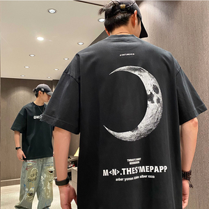 美式潮牌烫钻月亮印花夏季短袖男