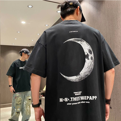 美式潮牌烫钻月亮印花夏季短袖男