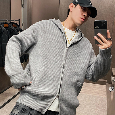 冬季休闲双拉链连帽厚针织毛衣男