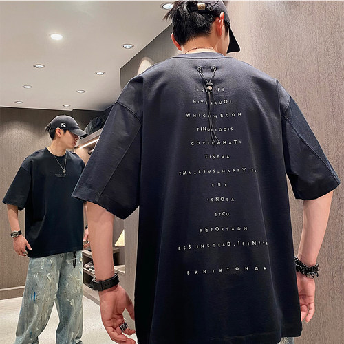 夏季潮牌设计感字母抽绳宽松短袖