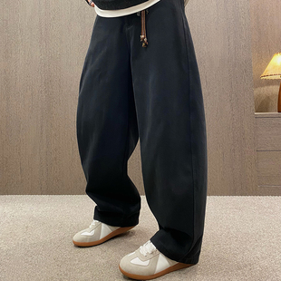 男简约休闲松紧腰宽松直筒裤 MXD 加绒阔腿弯刀裤 新款 UGLY2025冬季