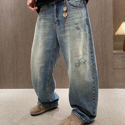 春季潮牌破洞水洗牛仔蓝直筒长裤