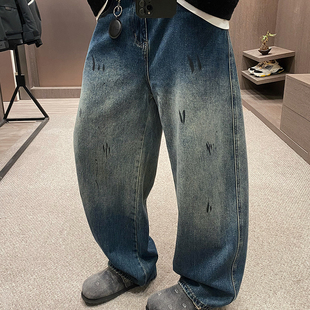 休闲痞帅直筒裤 男秋冬磨边美式 UGLY潮牌印染复古蓝阔腿牛仔裤 MXD