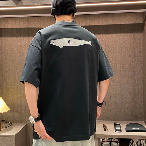 夏季重磅纯棉刺绣鲸鱼圆领短袖潮