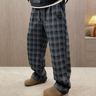 松紧腰潮牌宽松垂感直筒裤 男冬季 UGLY格纹复古加绒加厚休闲裤 MXD
