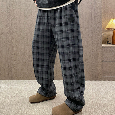 冬季休闲格纹垂感加绒直筒休闲裤