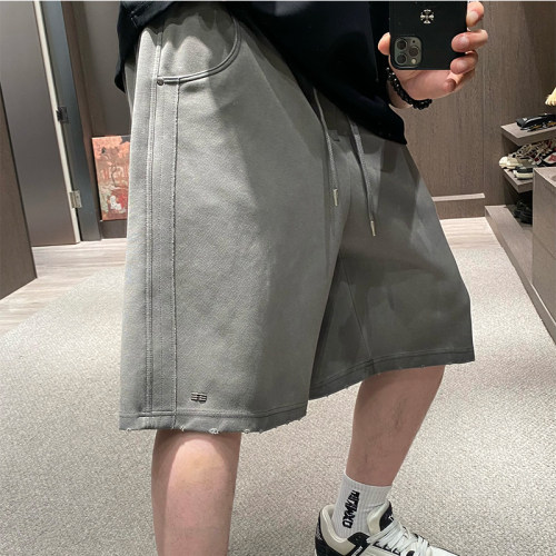 夏季潮牌烟灰色侧拼接袖标短裤男