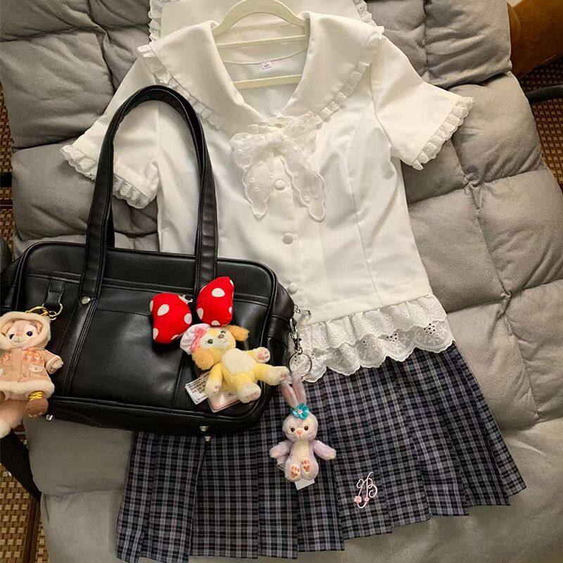 绊JK原创春夏季修身学院风甜美系JK制服短袖花边蕾丝衬衫