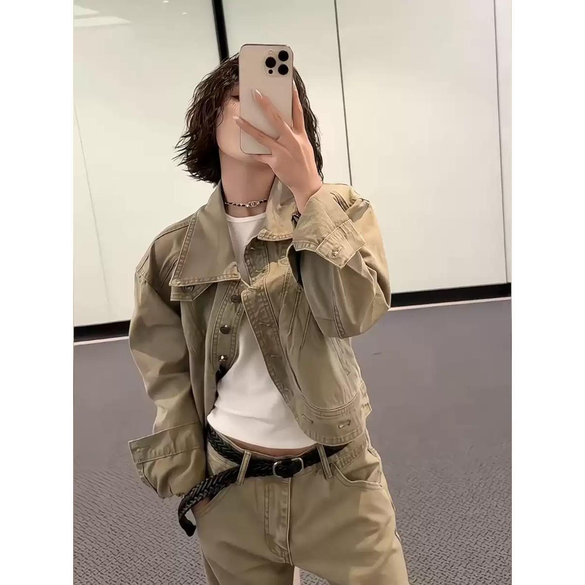 早秋重工明线工装套装女2026新款卡其色短款翻领外套阔腿裤两件套
