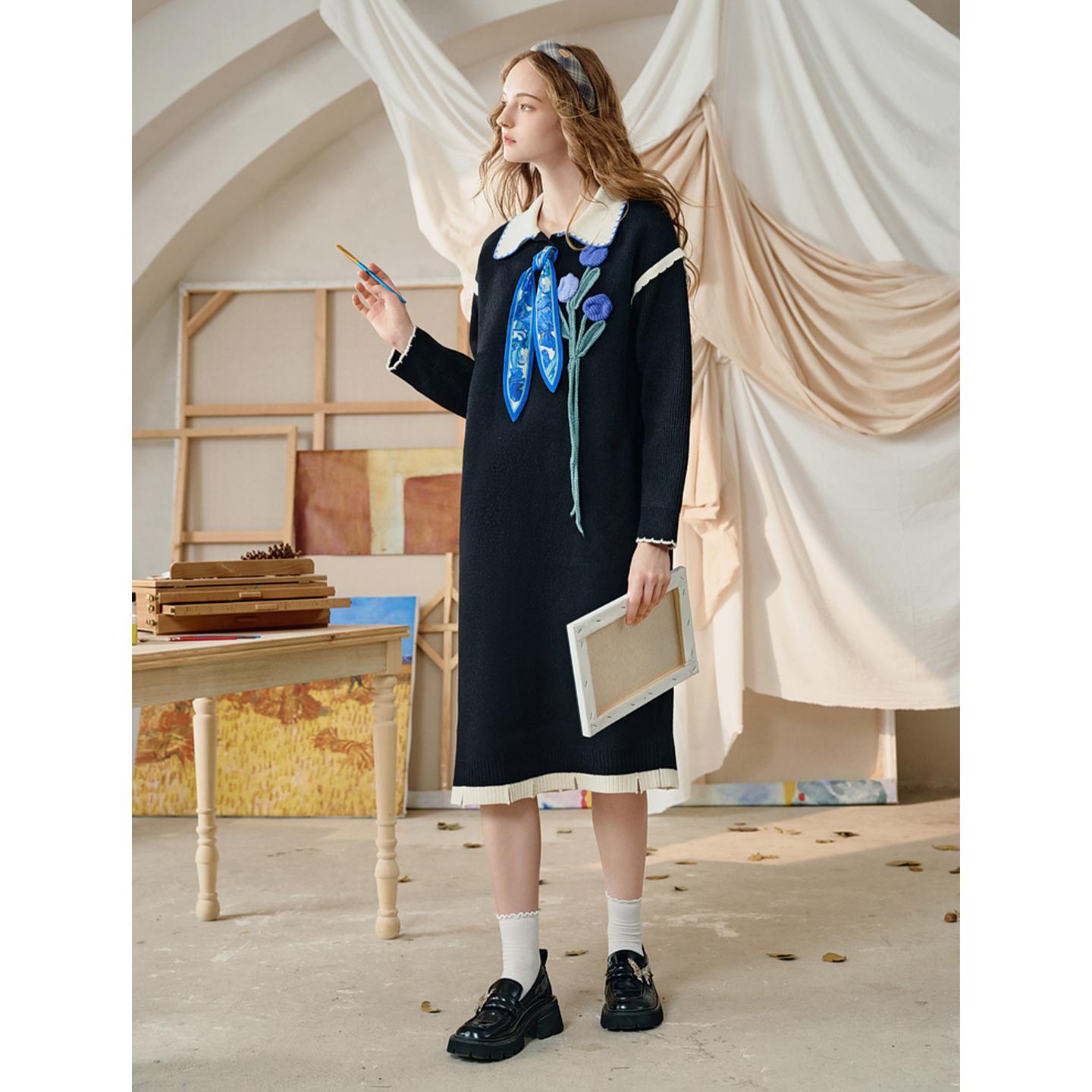 新款冬季立体花撞色高级感宽松长裙秋意沉眠减龄好看流行针织裙