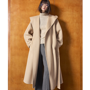 25冬新复古慵懒风浴袍连帽100%羊毛长款双面呢大衣外套女