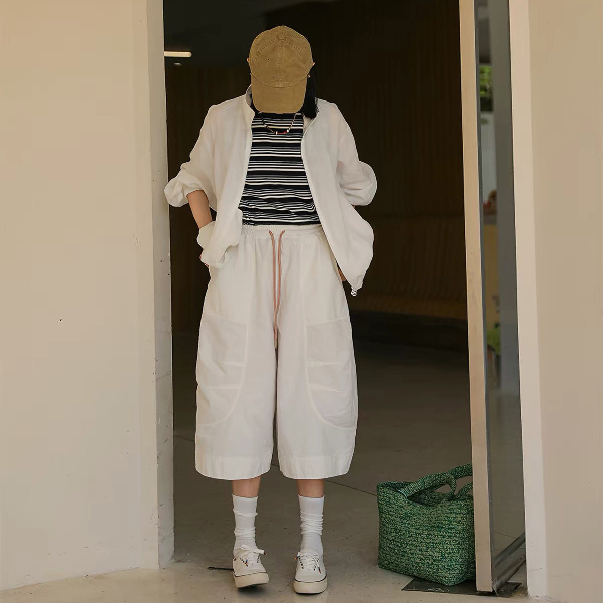 古尚汉麻重磅高密色织平纹布廓形男女可穿七分裤6146