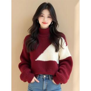 酒红色撞色不规则粗线毛衣女款2026新款冬季欧货重工独特别致上衣