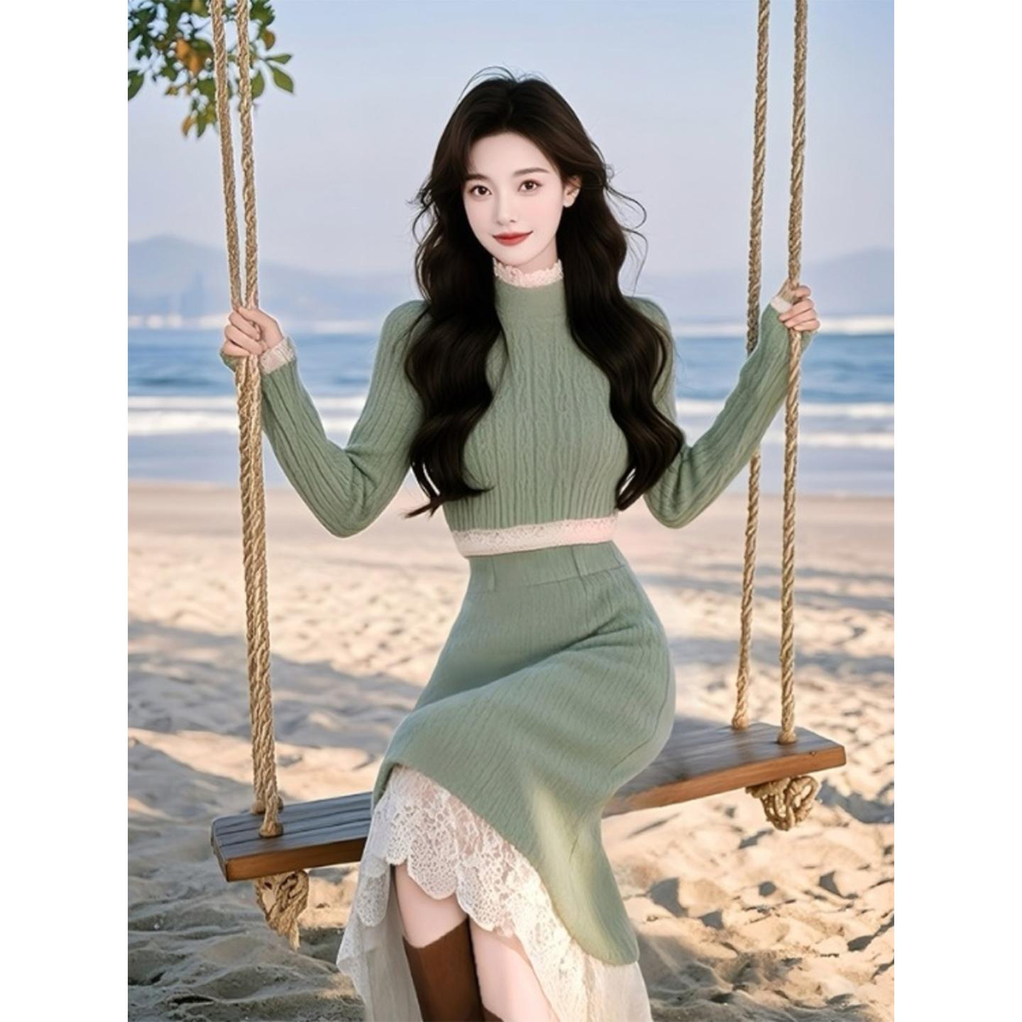 淑女气质穿搭独特绝美气质高级感绿色针织衫半身裙两件套装女秋冬