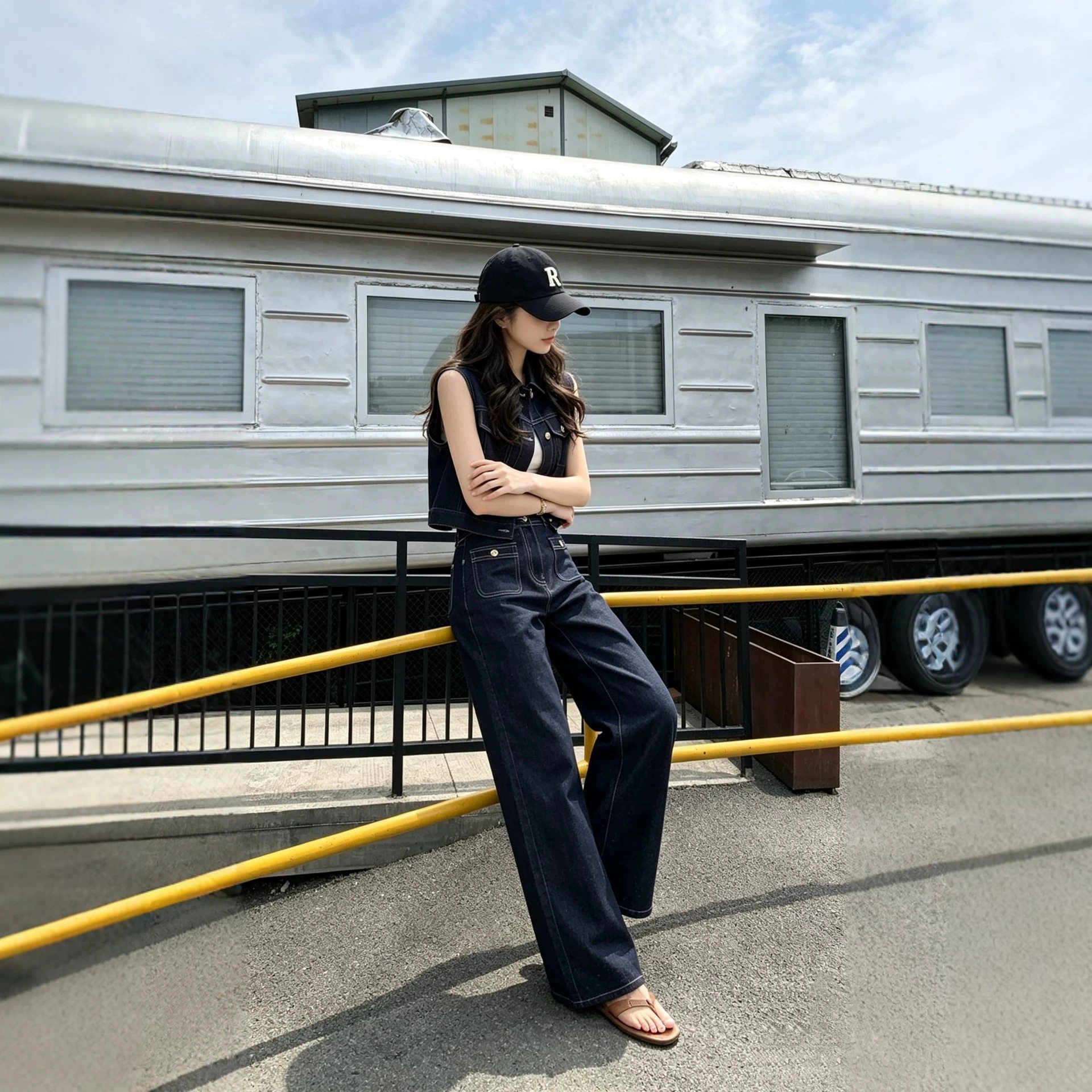 韩系高级感套装女2026新款显瘦减龄运动休闲牛仔马甲阔腿裤两件套