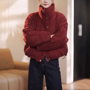新年红立领短款棉服外套女2025冬季新款小香风宽松百搭面包服棉衣