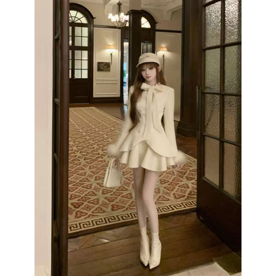 北国雪夜冬季法式优雅名媛套装收腰显瘦蝴蝶结毛呢外套纯欲半身裙