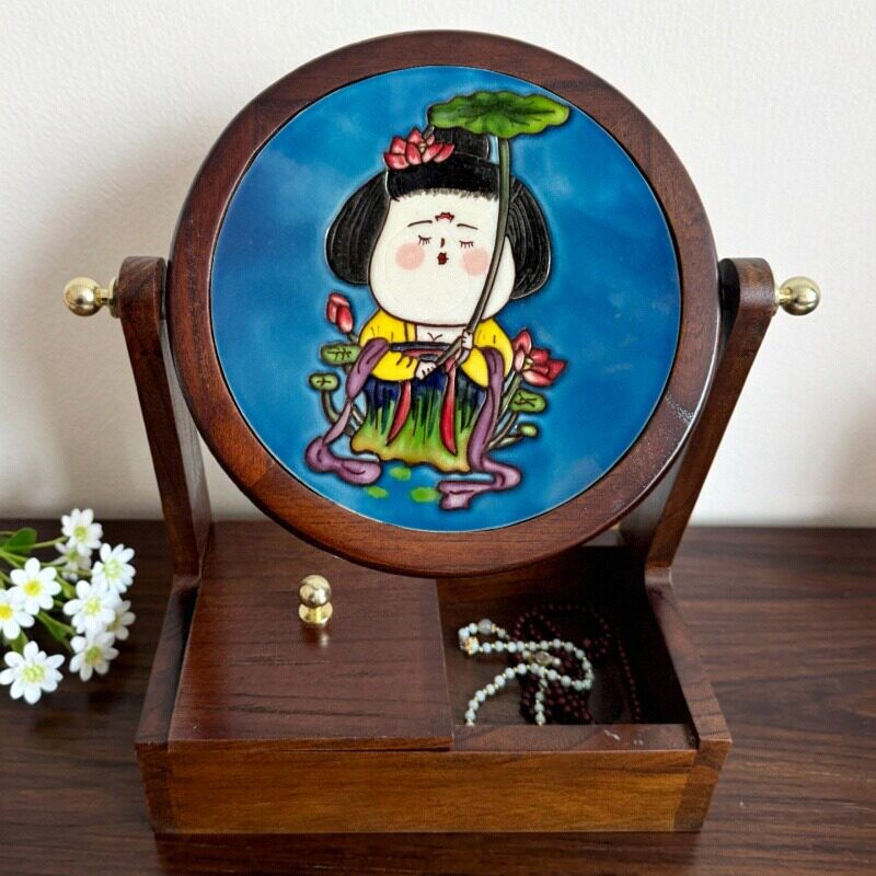 榆木实木化妆镜复古桌面台式镜背面立体浮雕手绘陶瓷画正面高清镜