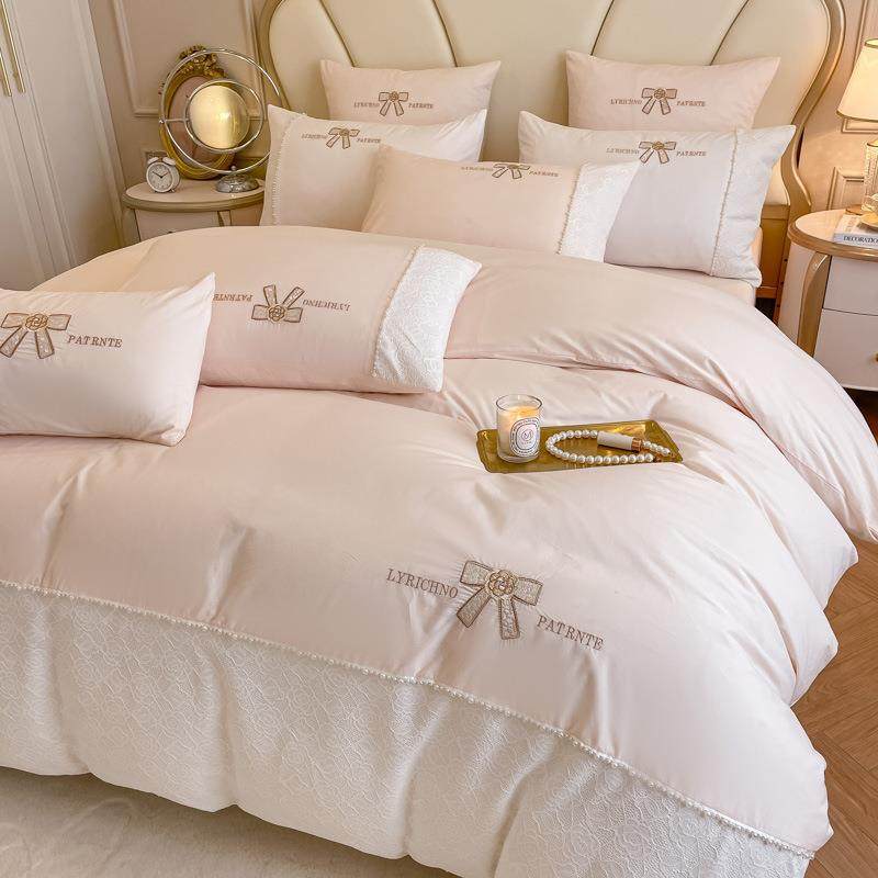 韩式公主风全棉水洗棉四件套纯棉100床上用品被套蕾丝边床单床笠4