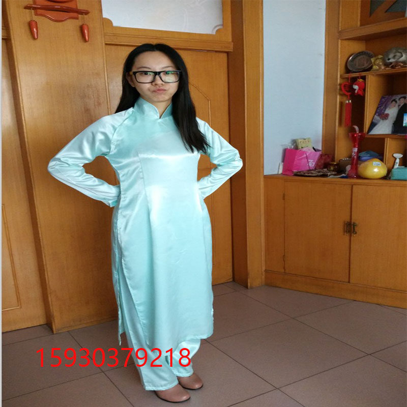 仿真丝缎子面料手绘 越南奥黛 民族服装定制茶艺服