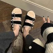 拖鞋 秋冬一字带扣厚底外穿休闲加绒保暖勃肯毛毛鞋 女 年底清仓