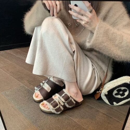 秋冬软木底加绒勃肯毛毛拖鞋女